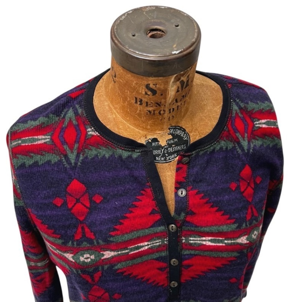 Chaps Denim Womens 1X Southwestern Aztec Thermal Henley Shirt Purple Red Cotton - Picture 12 of 14